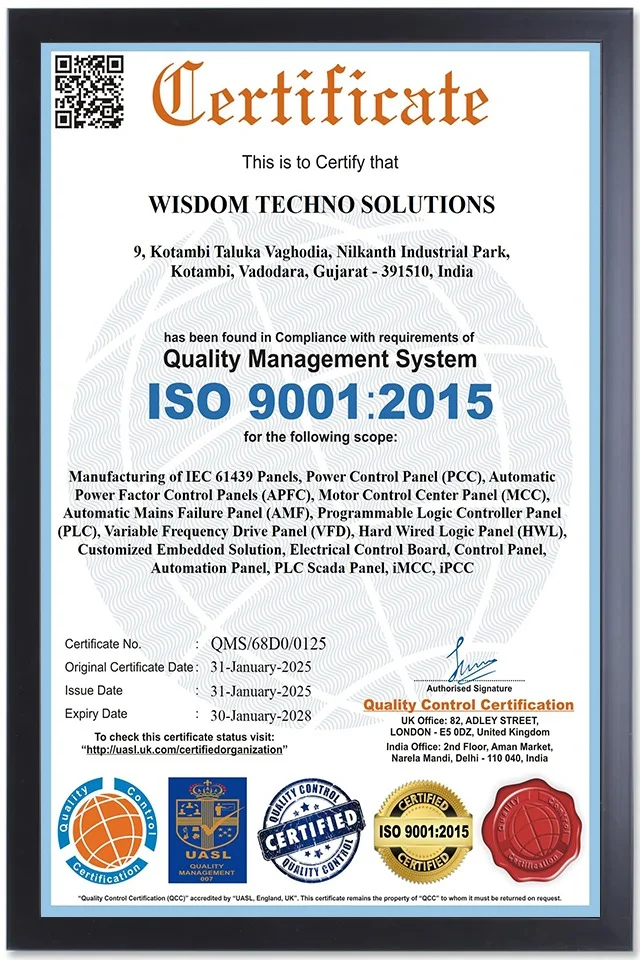 ISO 9001:2015 Quality Management System certificate of Wisdom Techno Solutions