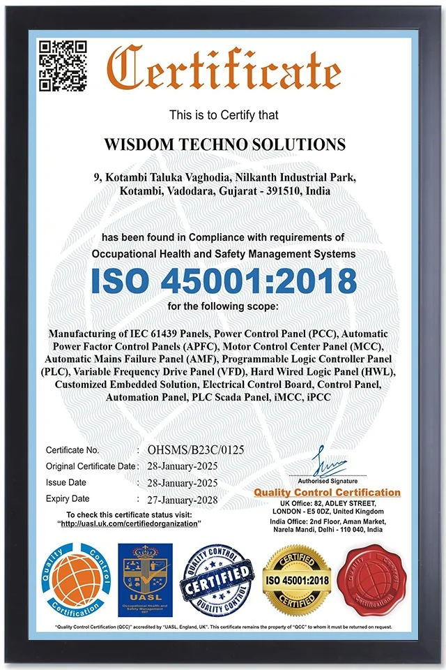 ISO 45001:2018 Occupational Health and Safety certificate of Wisdom Techno Solutions