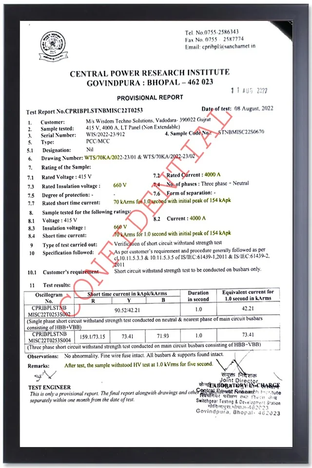 CPRI short-circuit withstand test report (415V 4000A LT panel, 70kA) of Wisdom Techno Solutions