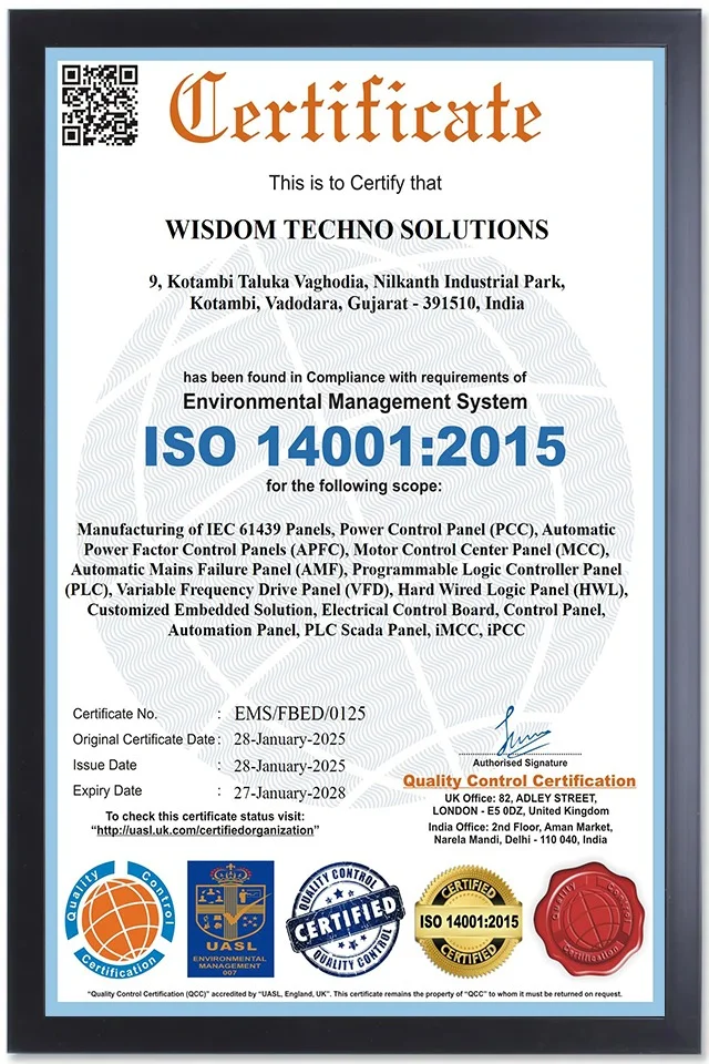 ISO 14001:2015 Environmental Management System certificate of Wisdom Techno Solutions