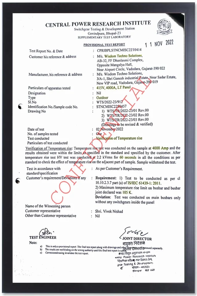 CPRI temperature-rise type test report per IEC 61439 of Wisdom Techno Solutions