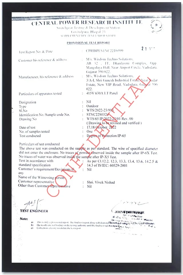 CPRI IP-65 degree of protection test report of Wisdom Techno Solutions